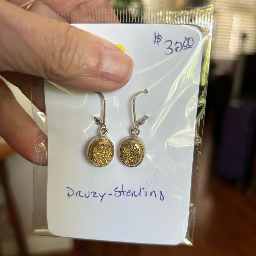 Druzy Silver Drop Earrings in Gold Tone